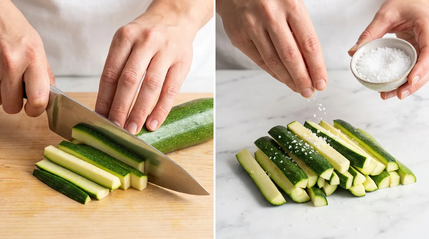 Step-by-step Fried Zucchini Recipe: hands slicing fresh zucchini into sticks and sprinkling with salt.