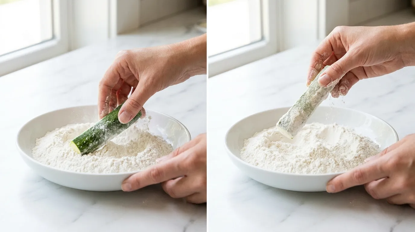 Step-by-step Fried Zucchini Recipe: hands tossing a zucchini stick in flour, then shaking off the excess over a bowl.