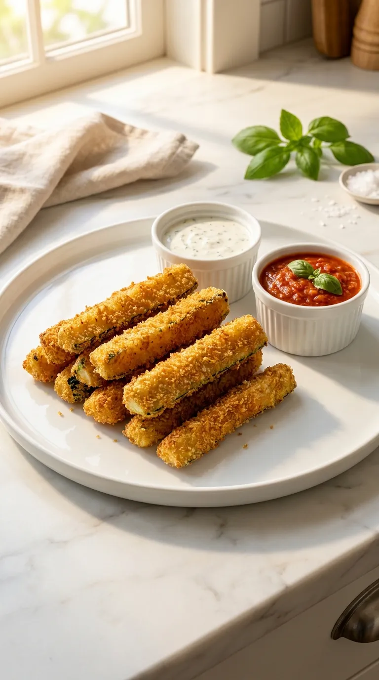 Crispy golden zucchini sticks on a platter with ranch and marinara sauce. A perfect Fried Zucchini Recipe.