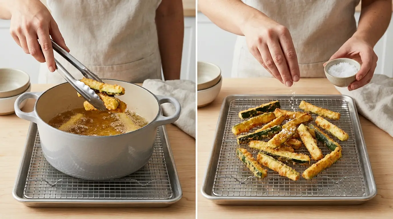 Fried Zucchini Recipe steps: transferring crispy golden zucchini to a cooling rack and sprinkling with flaky salt.