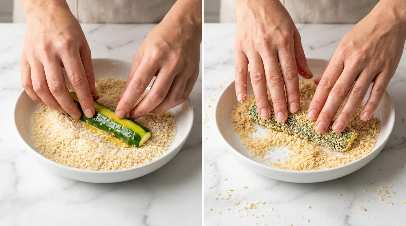 Hands coating a zucchini stick in panko and Parmesan cheese in two steps for a crispy Fried Zucchini Recipe.