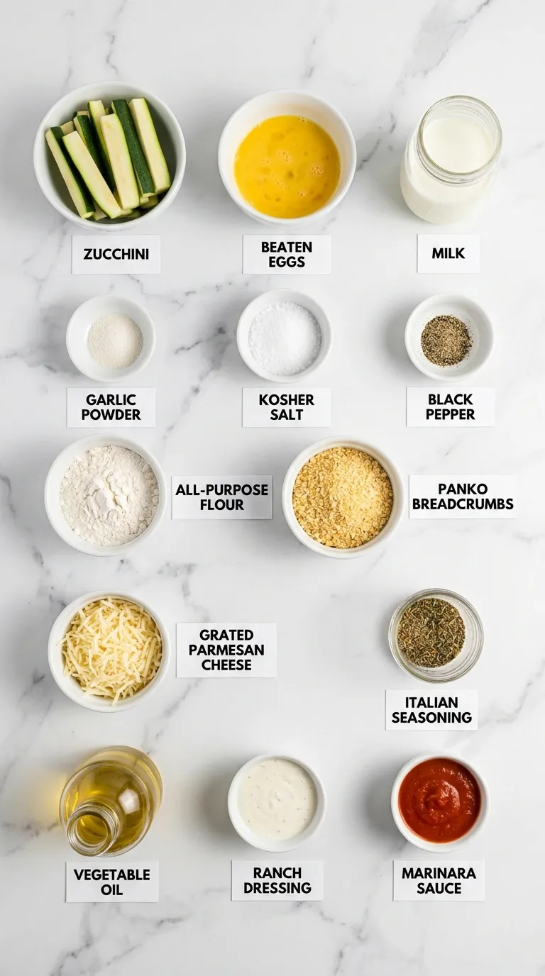 Flat-lay of labeled Fried Zucchini Recipe ingredients arranged in bowls on a white marble countertop.