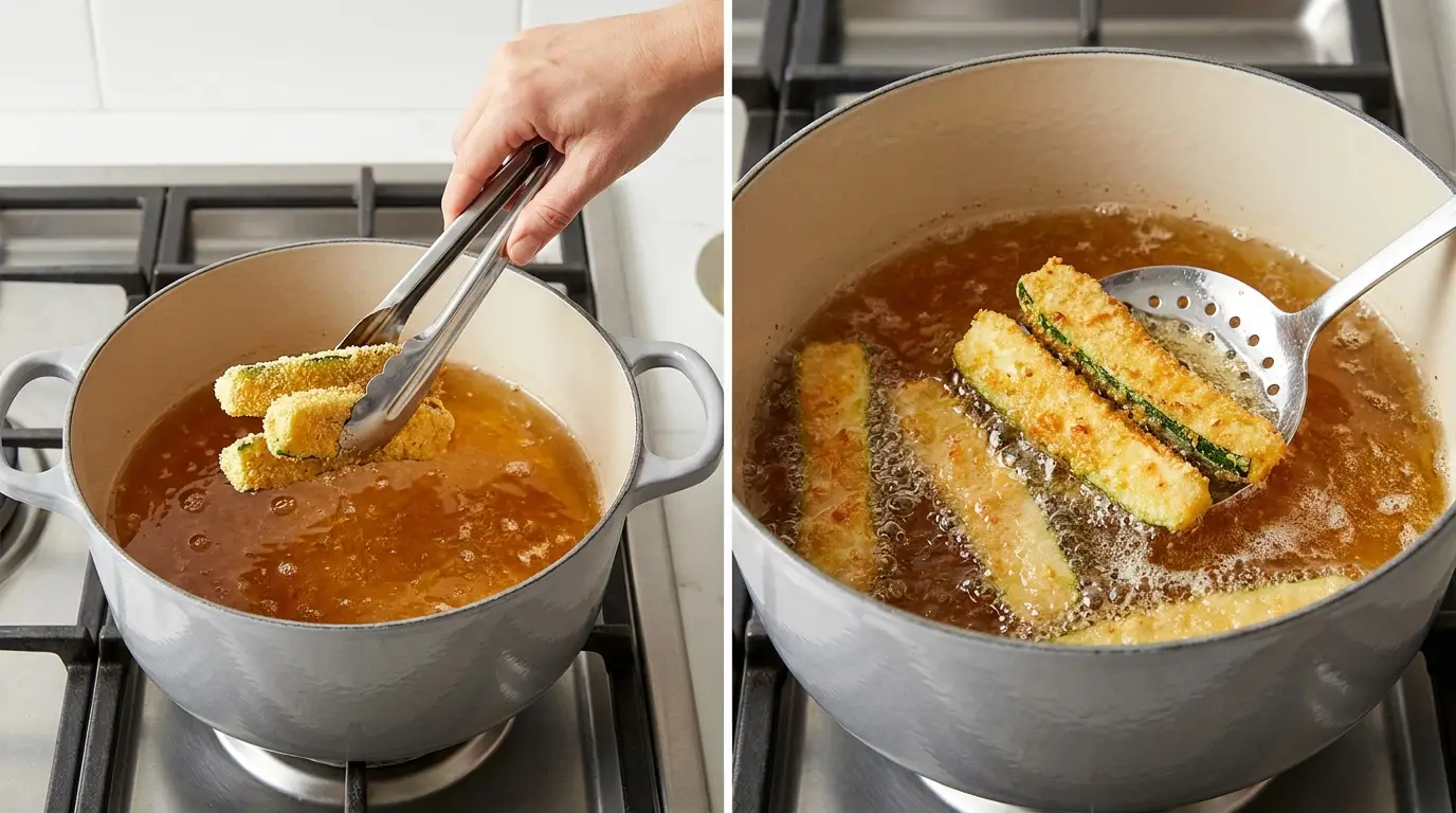 Hands frying breaded zucchini sticks in hot oil until golden brown for a crispy Fried Zucchini Recipe.