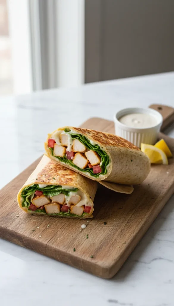 Delicious Garlic Chicken Wrap Recipe sliced in half showing juicy chicken, veggies, and garlic sauce on a wooden board.