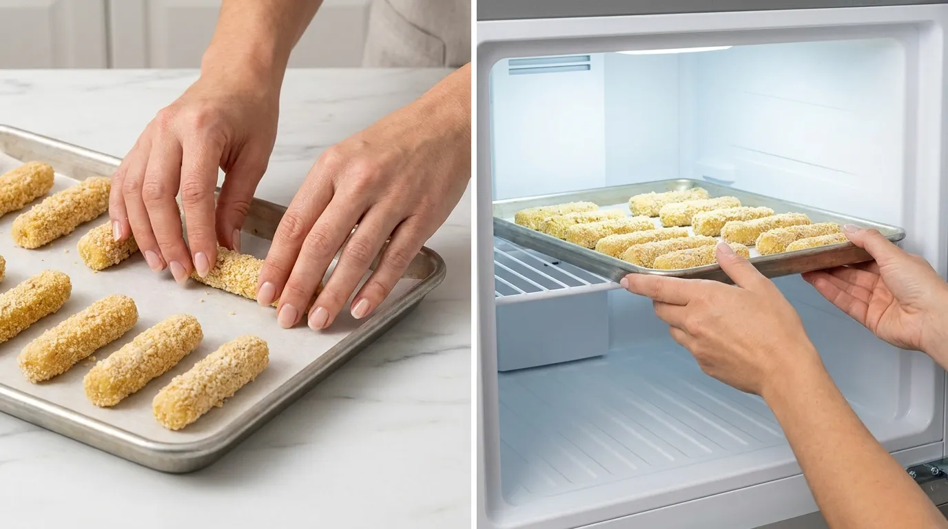 Mozzarella Stick Recipe: Hands arranging breaded sticks on a baking sheet and placing them in the freezer.