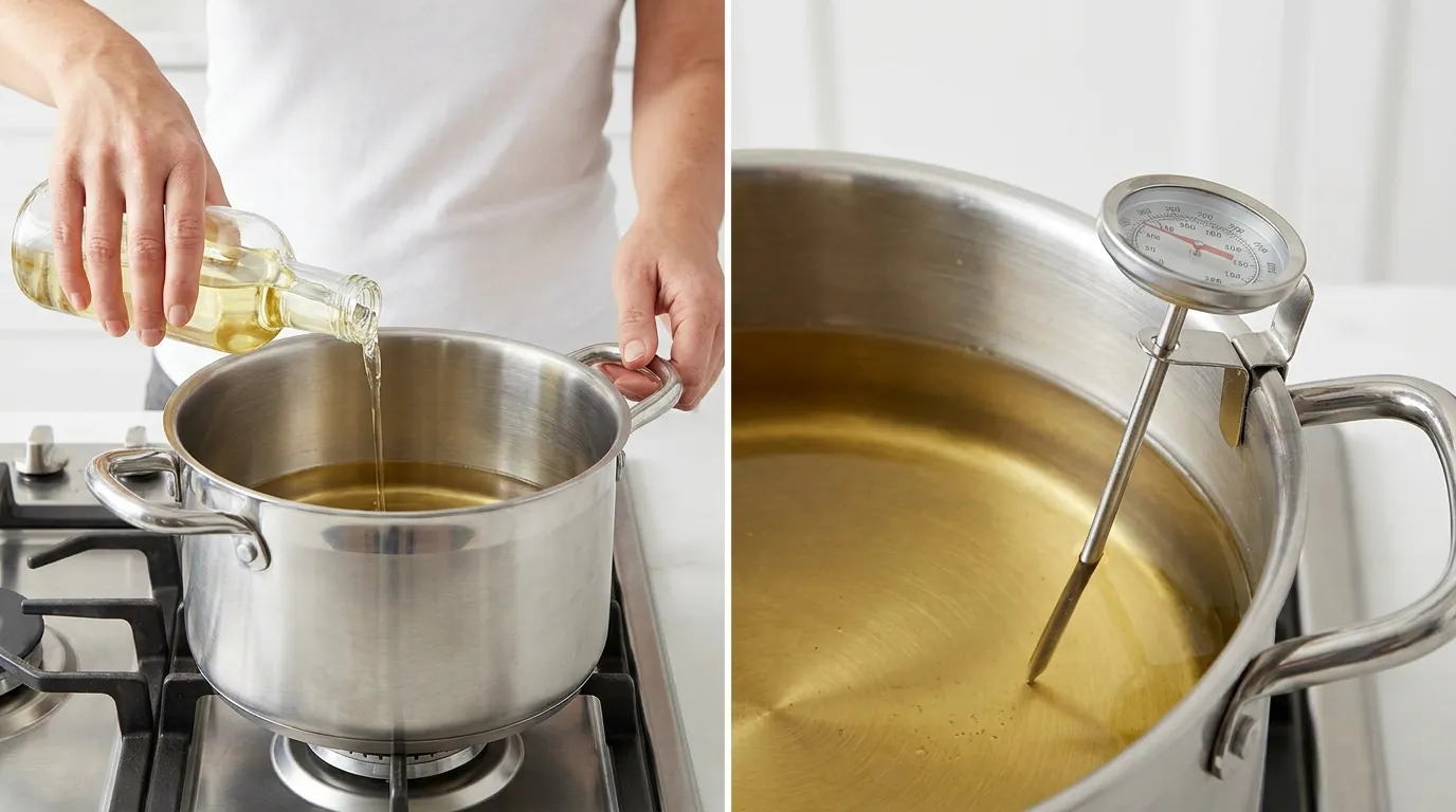 Pouring oil into a pot and using a deep-fry thermometer to prepare a crispy Mozzarella Stick Recipe.