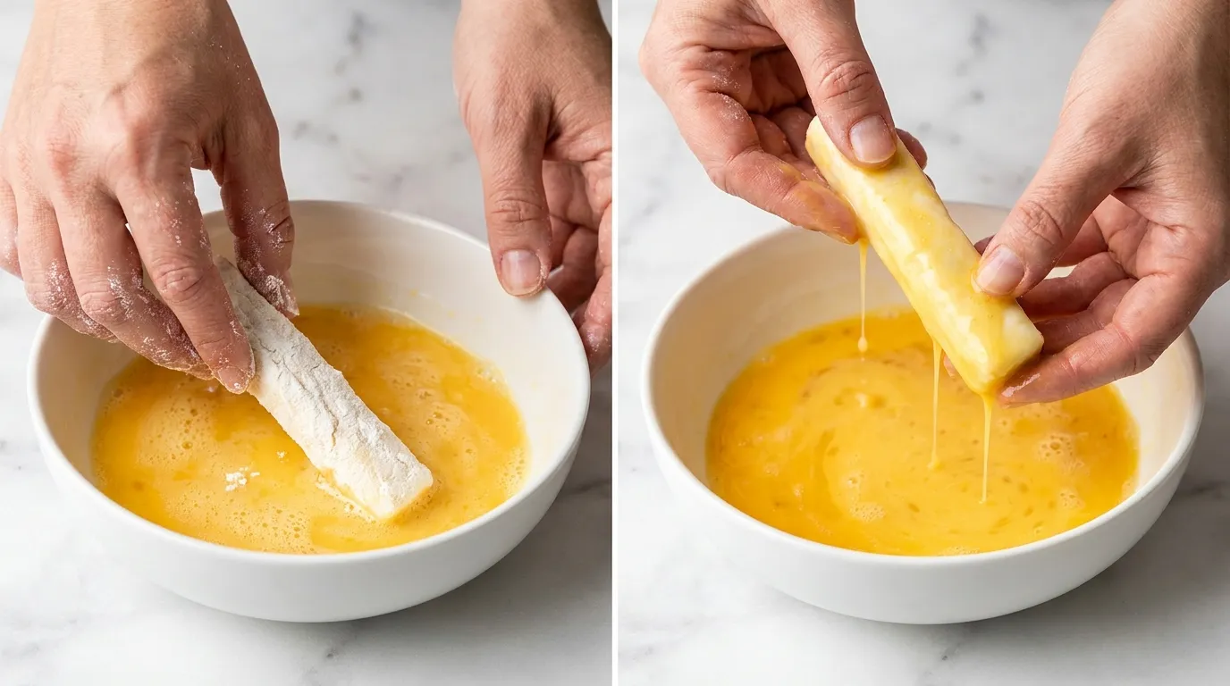 Hands dipping a cheese stick into egg wash for a delicious Mozzarella Stick Recipe on a white marble background.