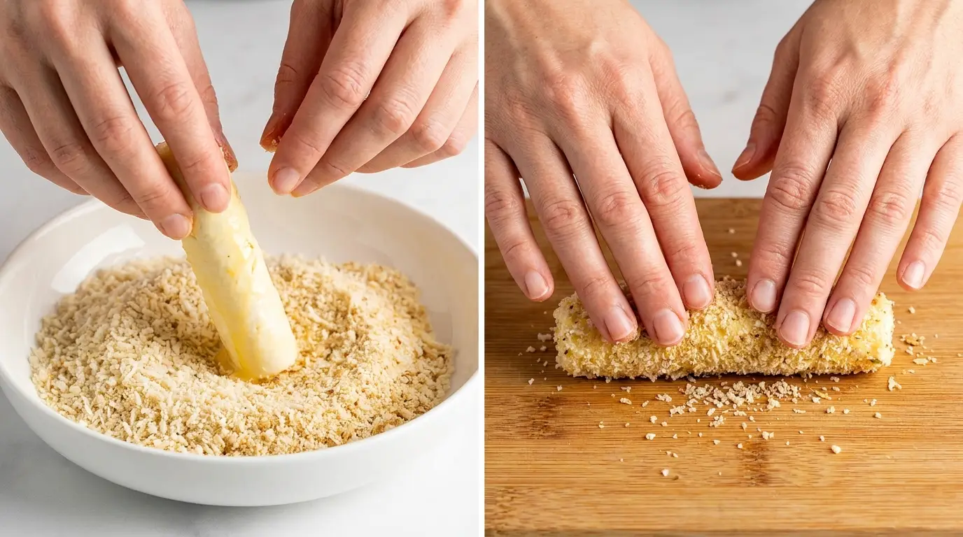 Diptych of hands coating and pressing panko onto cheese for a homemade mozzarella stick recipe.