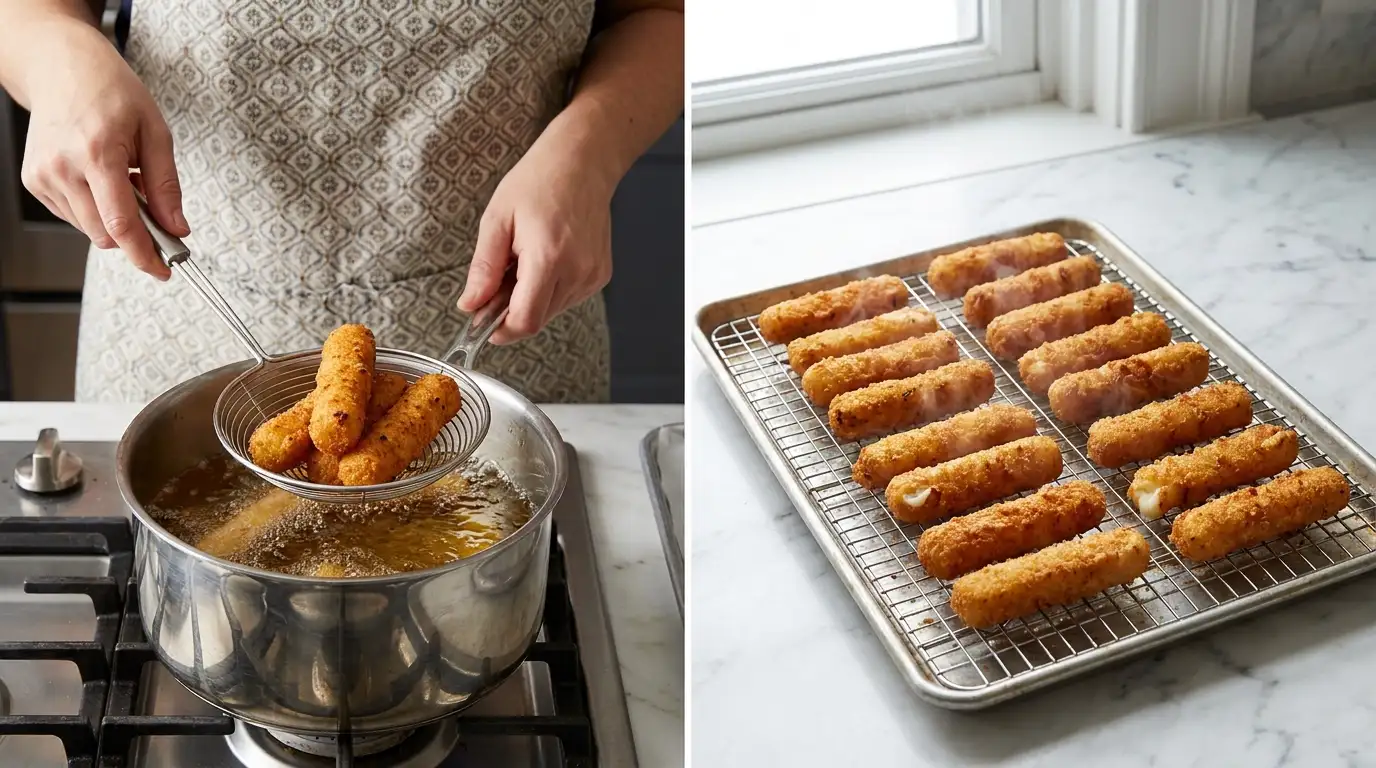 Mozzarella Stick Recipe: Hands lifting fried golden mozzarella sticks from oil and resting them on a wire cooling rack.