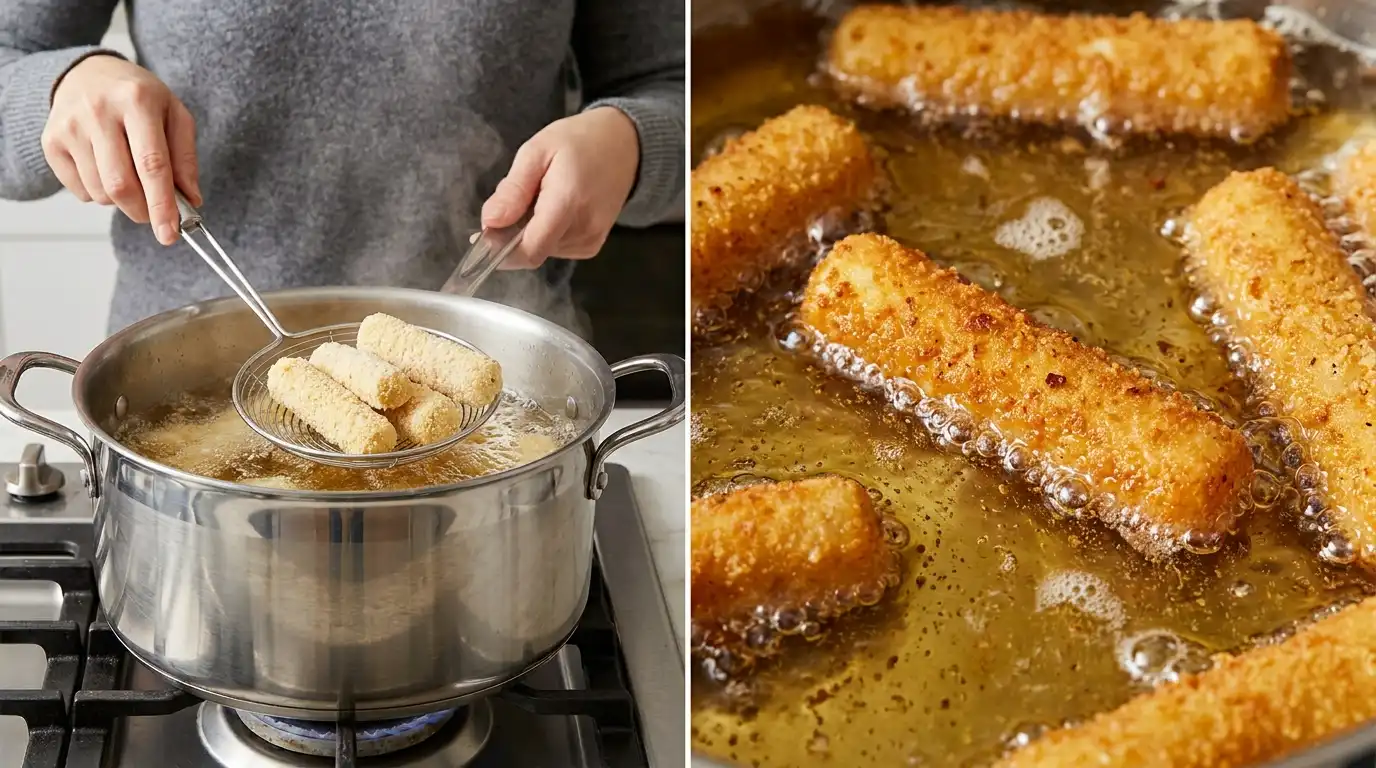Mozzarella stick recipe: hands lowering breaded cheese into hot oil and a close-up of golden brown frying sticks.