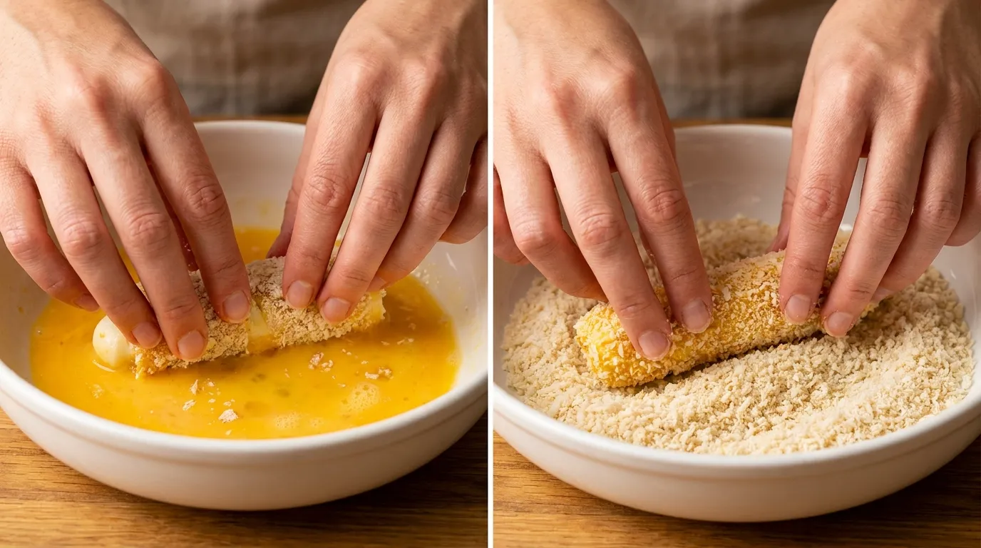 Mozzarella stick recipe: close-up of hands double-dipping cheese in egg wash and rolling in panko breadcrumbs.