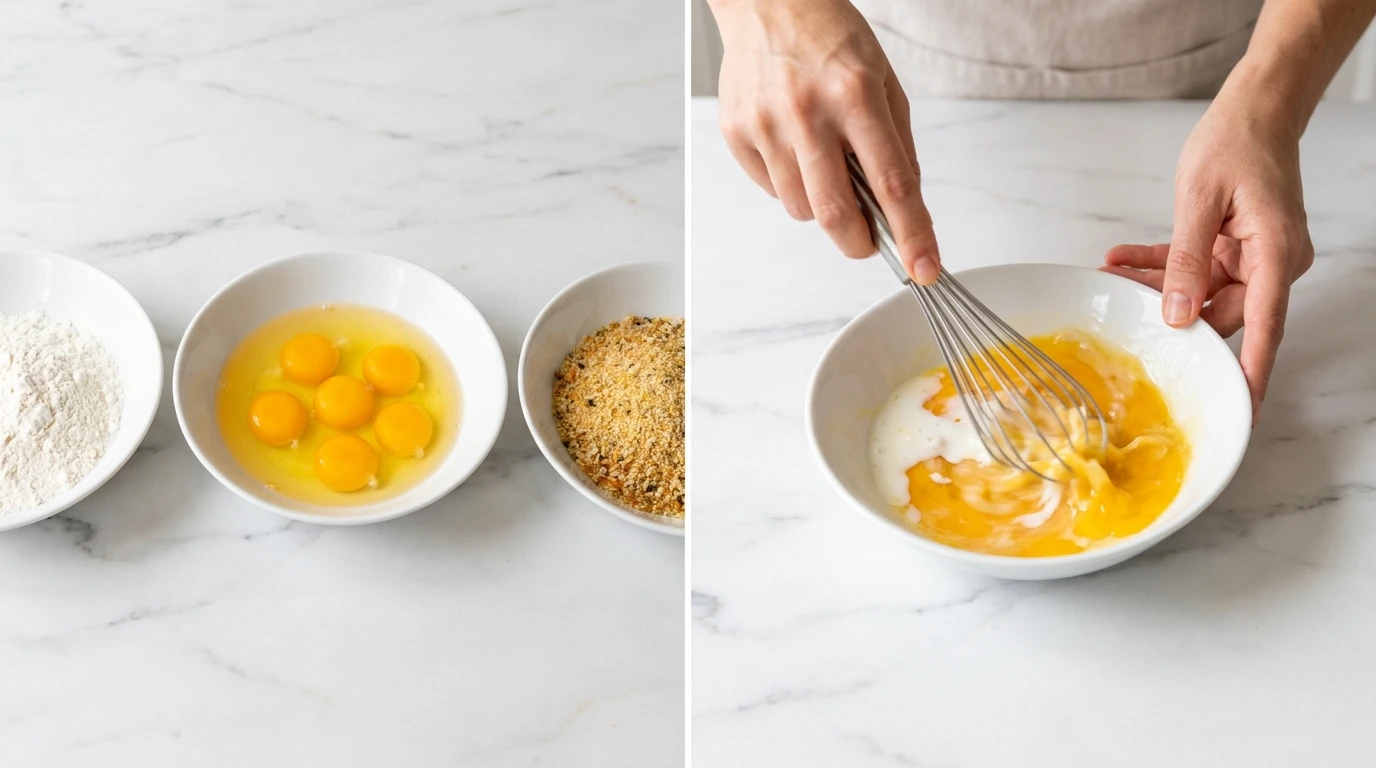 Making a Mozzarella Stick Recipe: bowls of flour, eggs, and breadcrumbs on marble, next to hands whisking eggs.