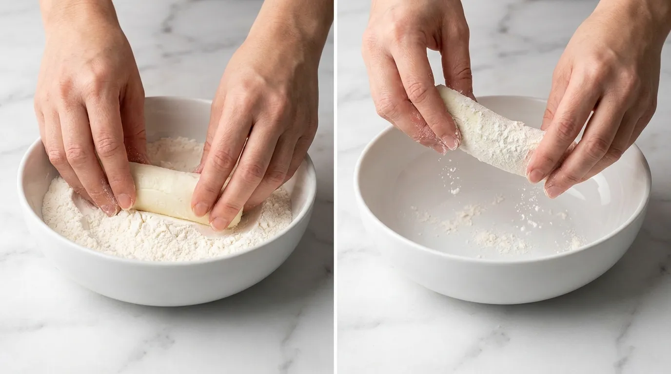 Mozzarella Stick Recipe: Hands rolling cheese in flour and tapping off the excess in a white bowl on a marble counter.