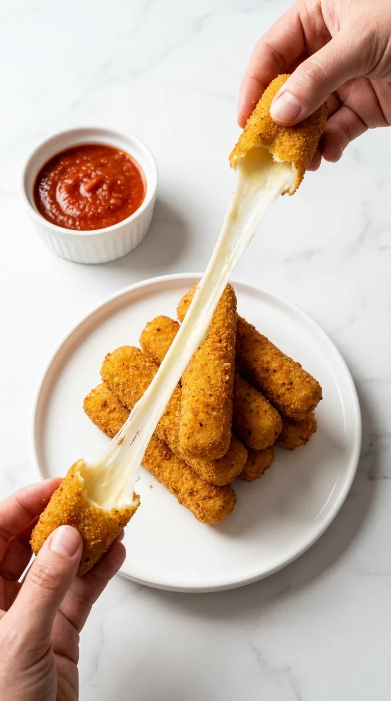 Epic cheese pull from a crispy homemade mozzarella stick recipe, served with marinara sauce on a white marble counter.