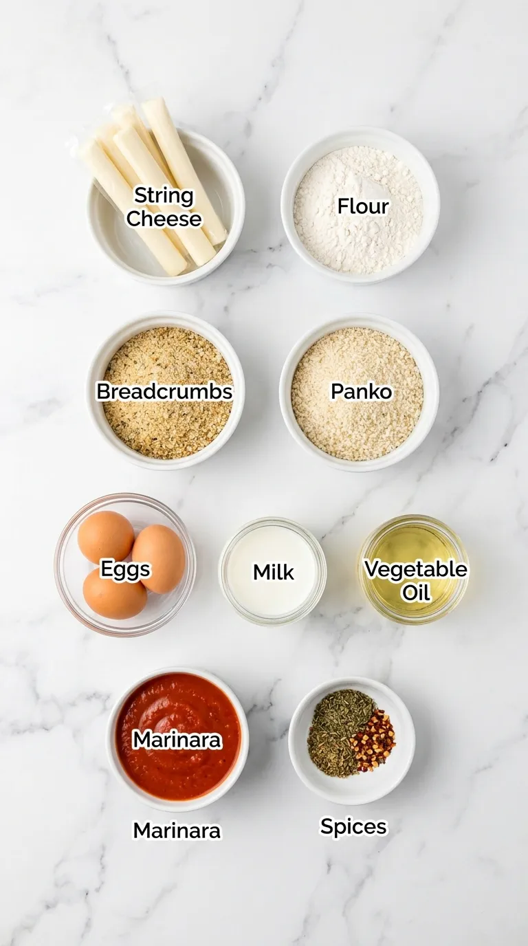 Flat-lay of Mozzarella Stick Recipe ingredients neatly arranged in bowls on a bright white marble countertop.