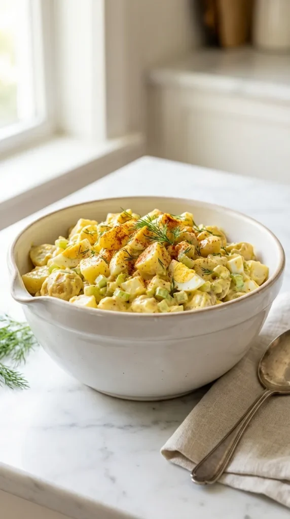 Delicious Potato and Egg Salad Recipe in a white rustic bowl, garnished with fresh dill and paprika on a marble counter.
