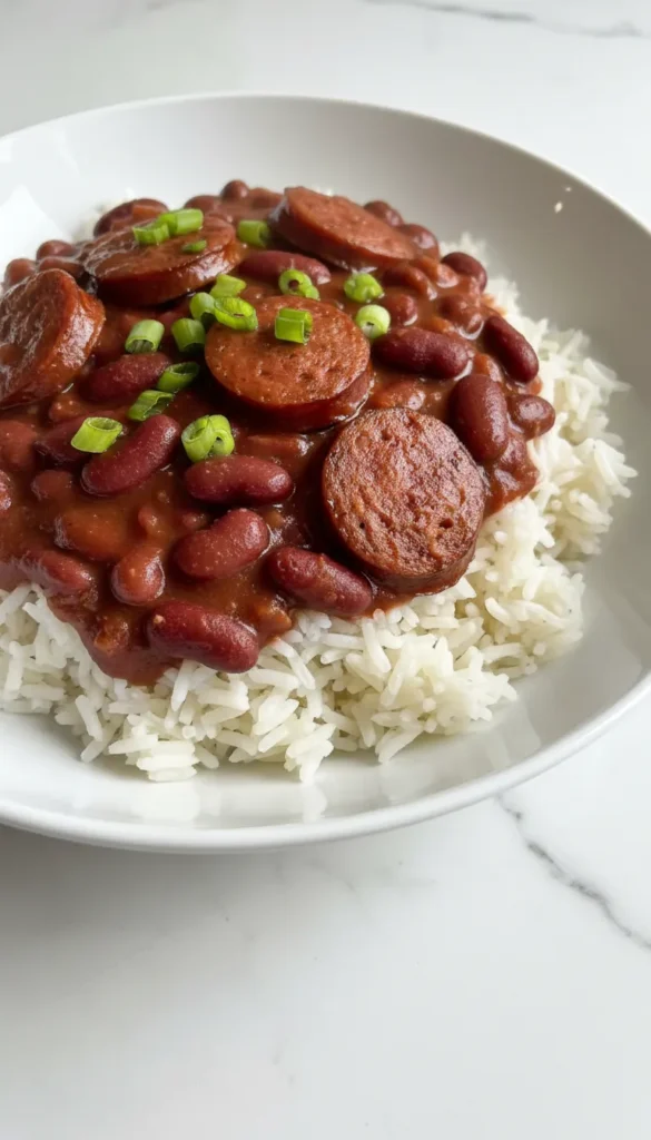 Classic Red Beans and Rice Recipe topped with andouille sausage and green onions in a white bowl on a marble counter.