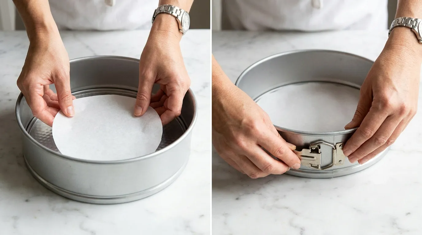 Hands preparing a springform pan with parchment paper for a Salted Caramel Cheesecake Recipe.
