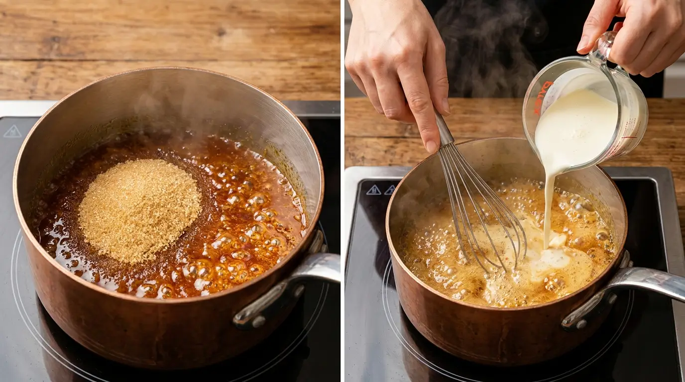 Salted Caramel Cheesecake Recipe: Melting sugar into caramel and whisking heavy cream in a copper saucepan.