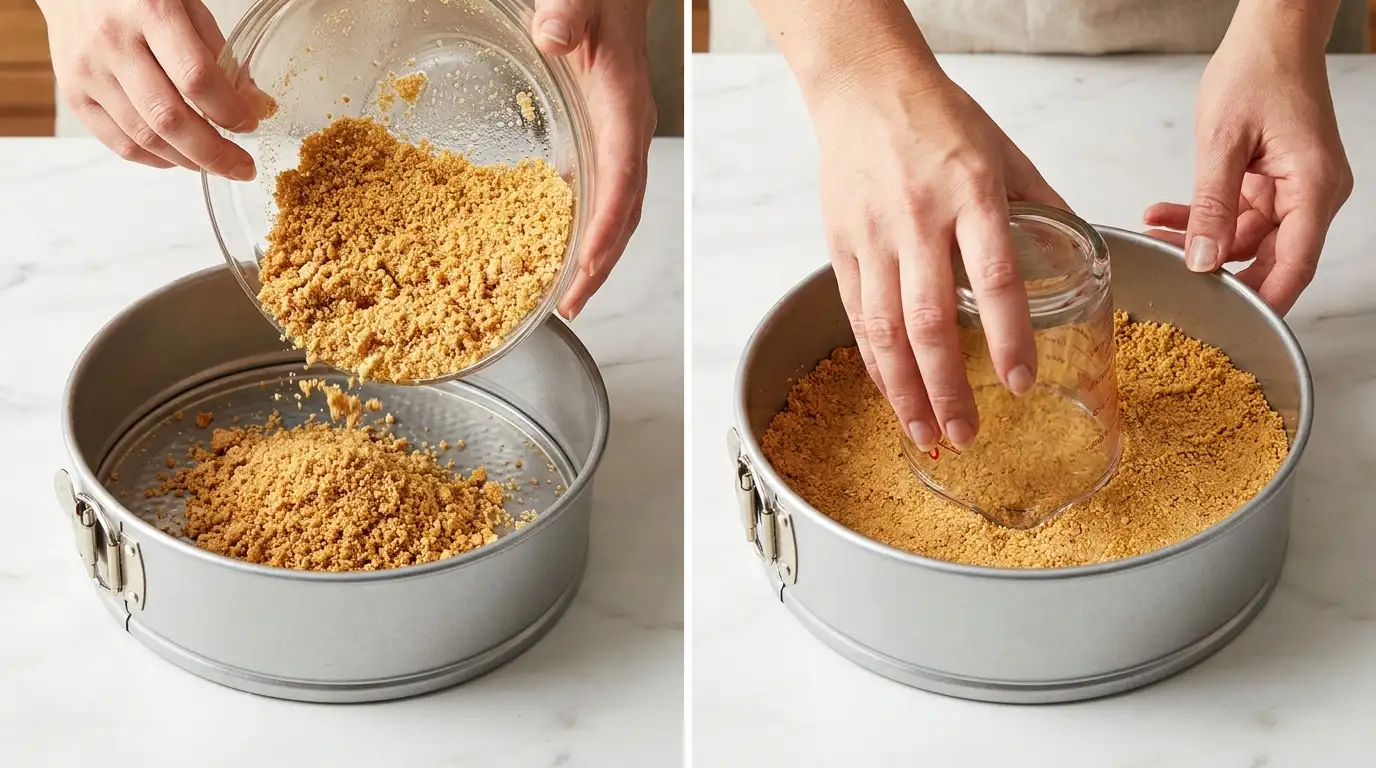 Side-by-side: Pouring and pressing a graham cracker crust into a pan for a Salted Caramel Cheesecake Recipe.