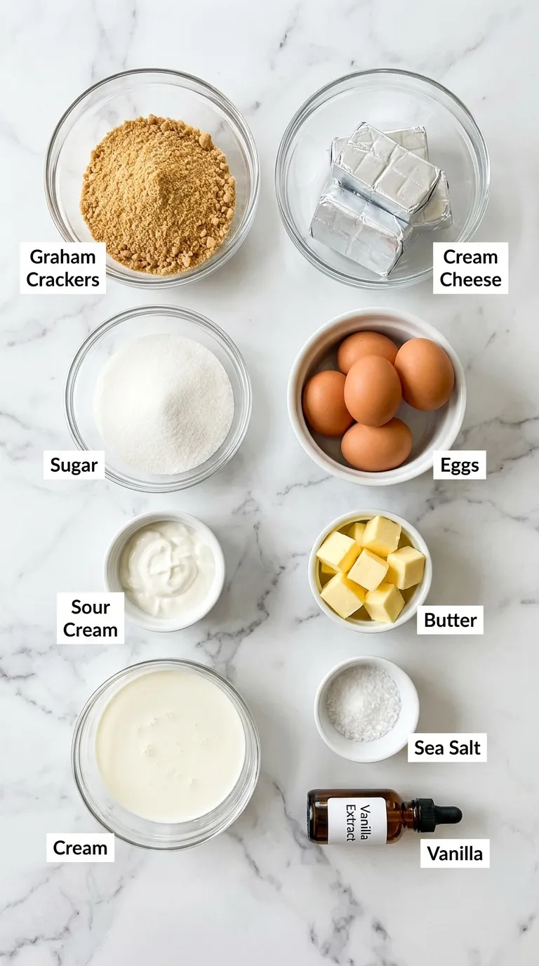 Flat-lay of Salted Caramel Cheesecake Recipe ingredients neatly arranged in glass bowls on a white marble countertop.
