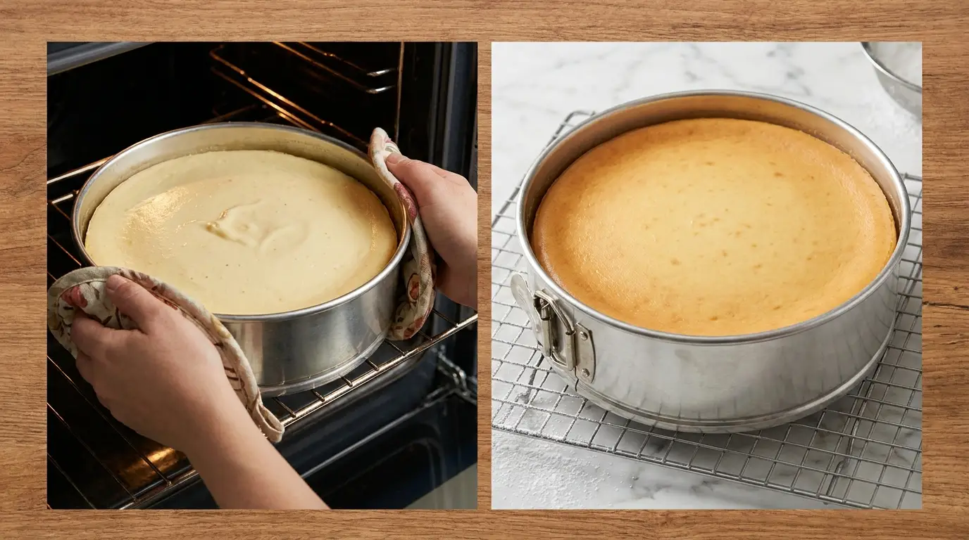 Salted Caramel Cheesecake Recipe: testing center jiggle in the oven and cooling the crack-free cake.