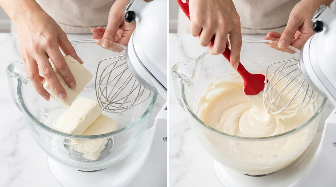 Step-by-step Salted Caramel Cheesecake Recipe: hands adding cream cheese to a mixer and scraping smooth batter.