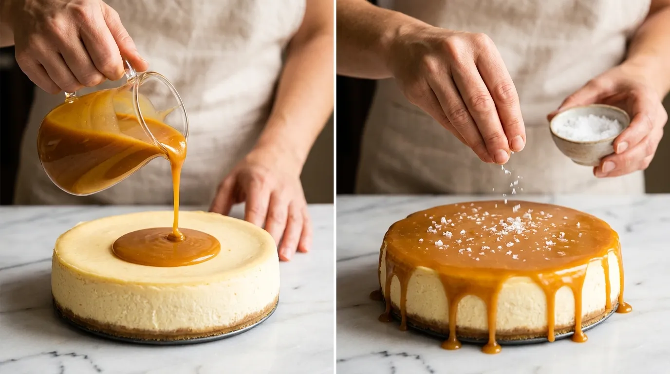 Finishing a Salted Caramel Cheesecake Recipe: hands pouring caramel and sprinkling sea salt on top.