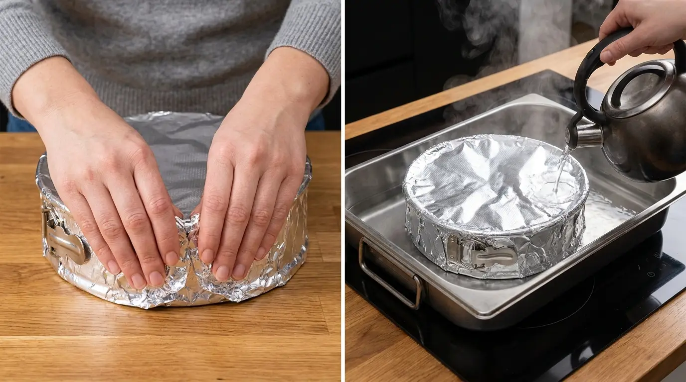 Side-by-side: wrapping a pan in foil and prepping a water bath for a Salted Caramel Cheesecake Recipe.