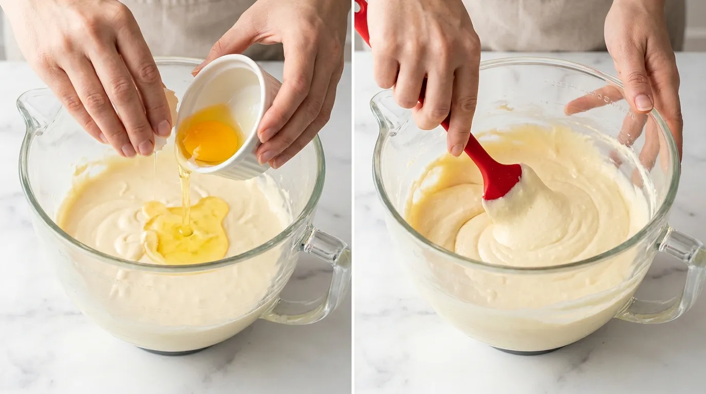 Making a Salted Caramel Cheesecake Recipe: adding eggs to batter and folding it with a spatula.