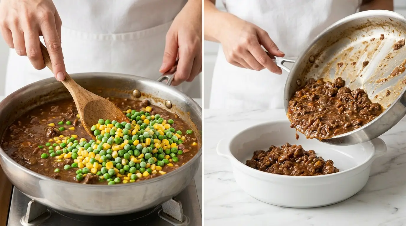 Shepherd's Pie Recipe: stirring peas and corn into meat gravy and pouring the hot filling into a white baking dish.