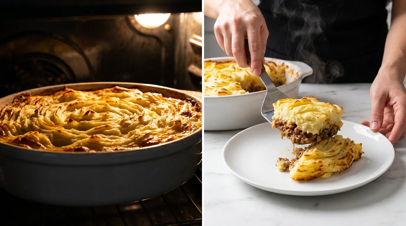 A Shepherd's Pie Recipe showing golden potato topping baking in the oven and a steaming slice being served onto a plate.
