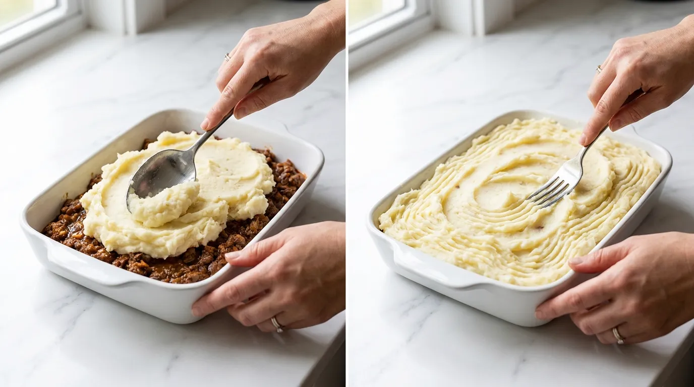 Shepherd's Pie Recipe: spreading mashed potatoes over meat filling and using a fork to create decorative peaks on top.