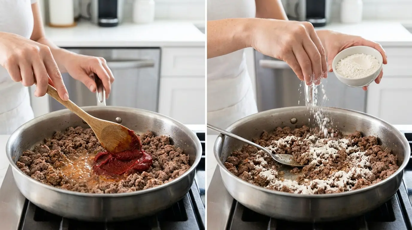 Cooking a Shepherd's Pie Recipe: Hands stirring tomato paste into browned lamb and sprinkling flour in a skillet.