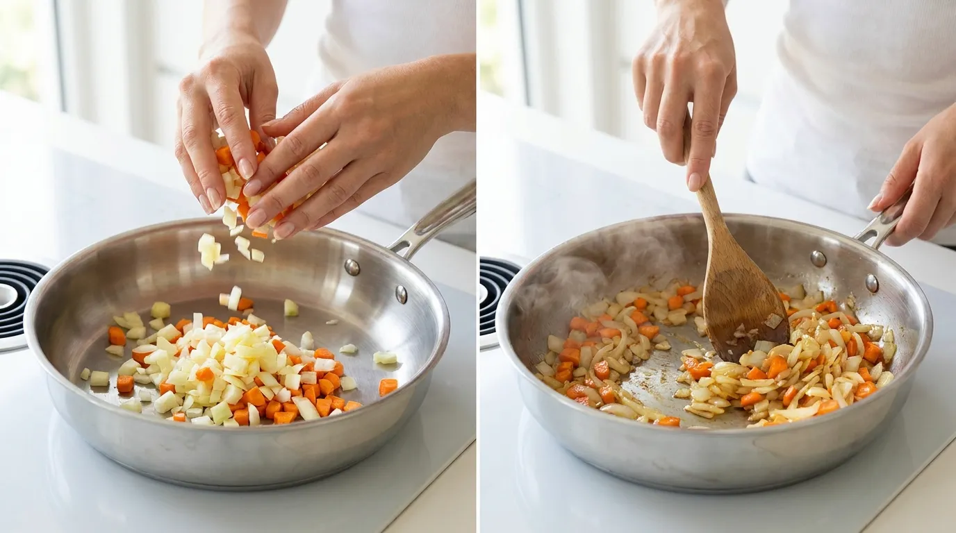 Cooking Shepherd's Pie Recipe: Hands adding and stirring diced yellow onions and carrots in a skillet.