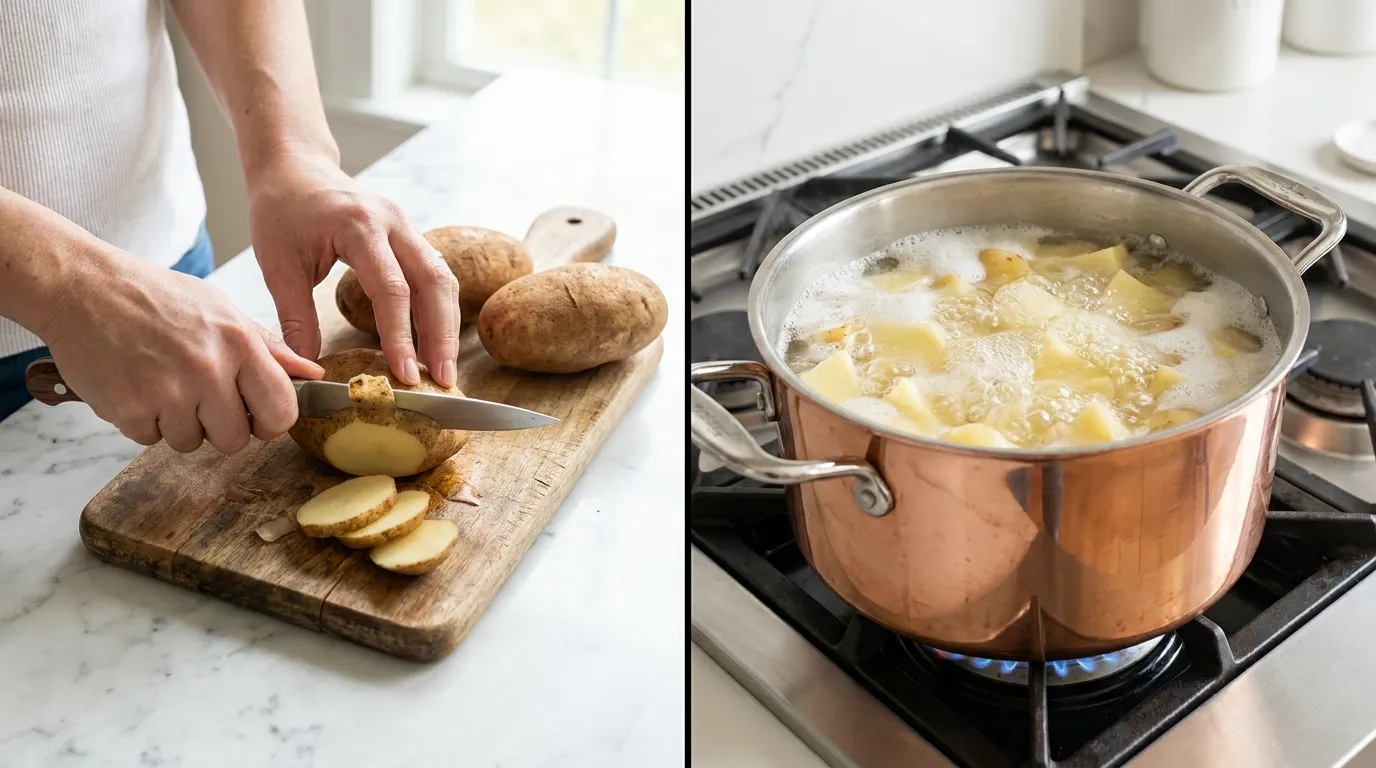 Preparing potatoes for a Shepherd's pie recipe: chopping on a wooden board and boiling in a copper pot.