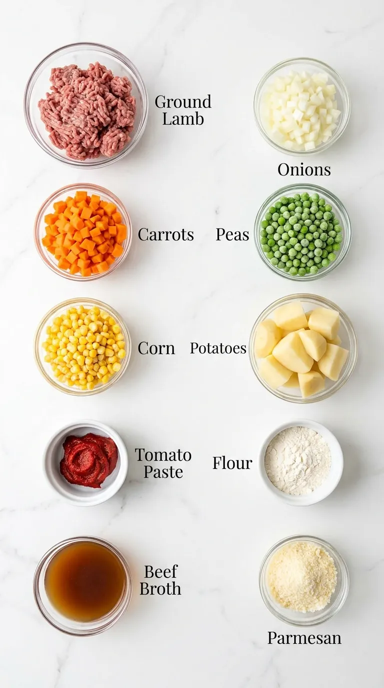 Top-down view of Shepherd's Pie Recipe ingredients neatly arranged in small bowls with text labels on a white marble counter.