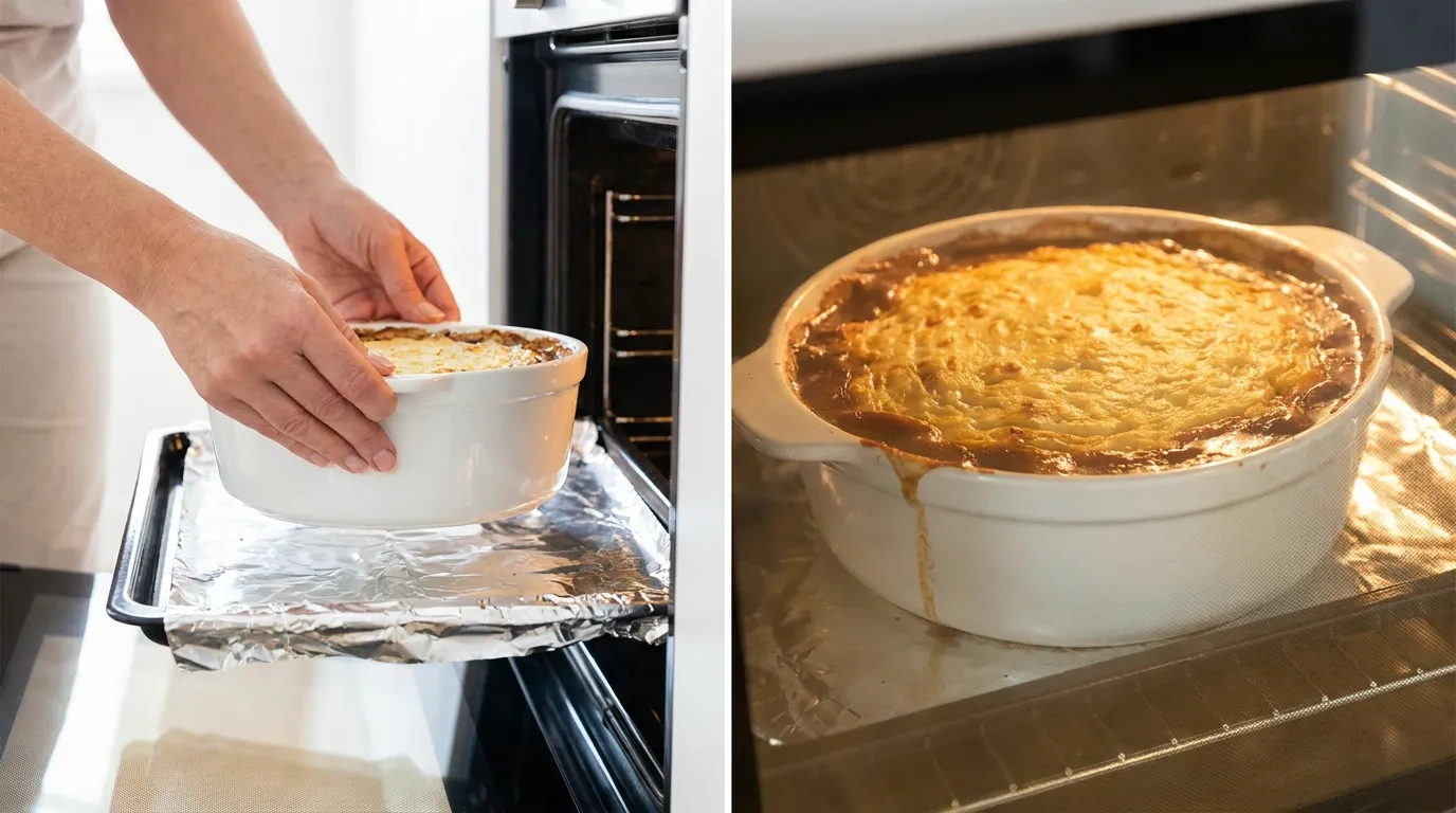 Baking Shepherd's Pie Recipe: hands placing the dish in the oven and a close-up of bubbling gravy baking inside.