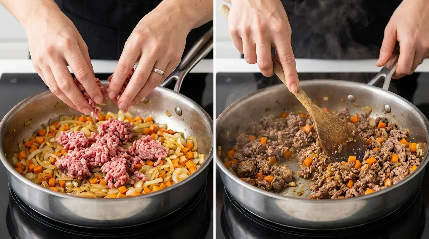 Adding and browning ground lamb in a skillet with carrots and onions for a homemade Shepherd's Pie Recipe.