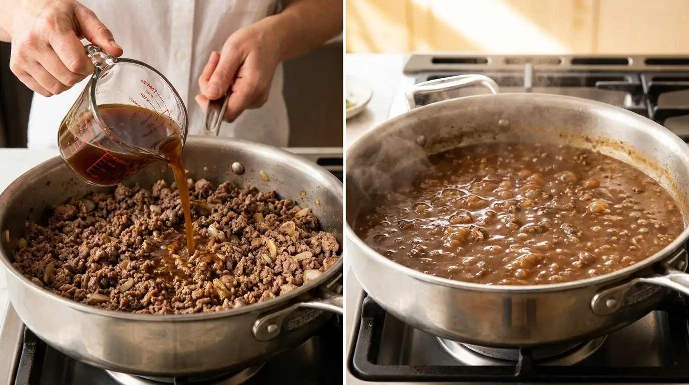 Shepherd's Pie recipe steps: pouring beef broth into a skillet of meat, and simmering it into a rich savory gravy.