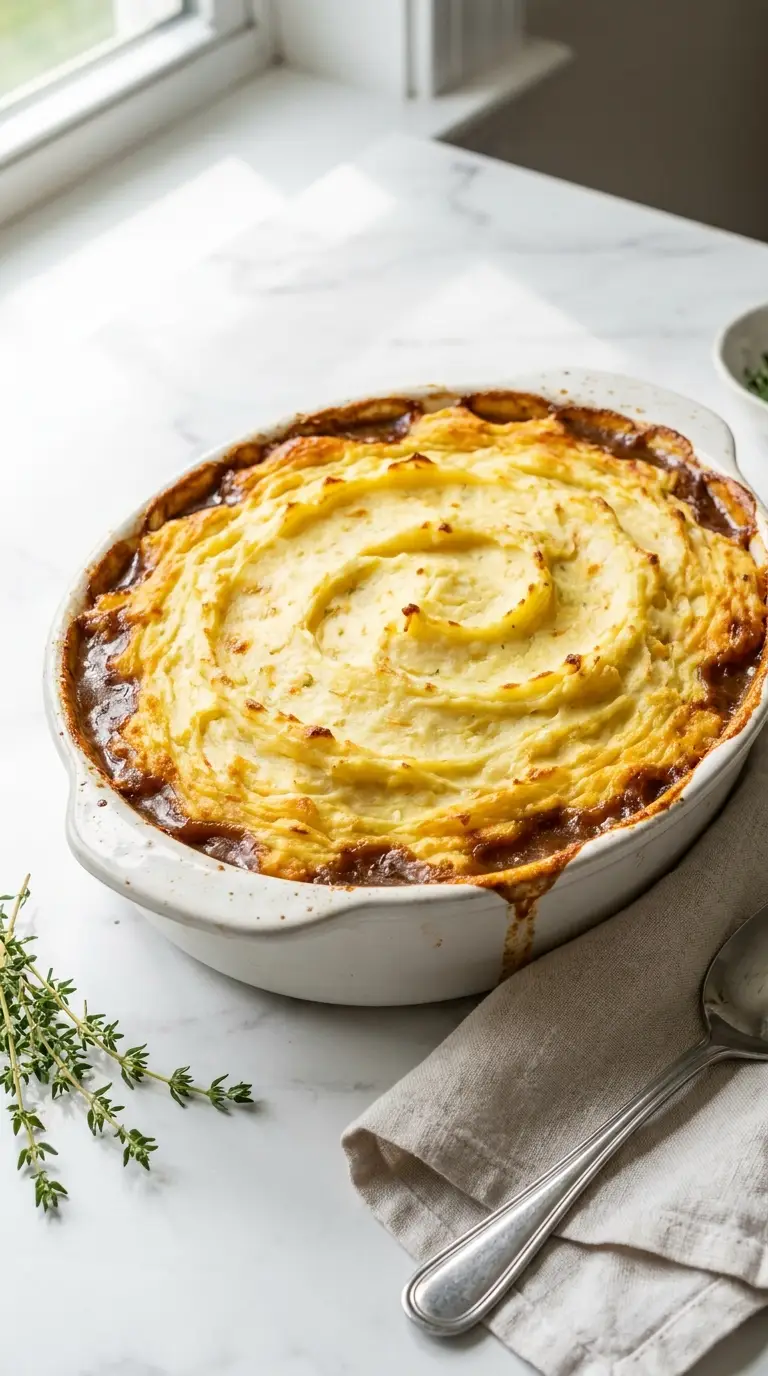 Freshly baked Shepherd's Pie Recipe topped with golden mashed potatoes and bubbling gravy in a white dish.