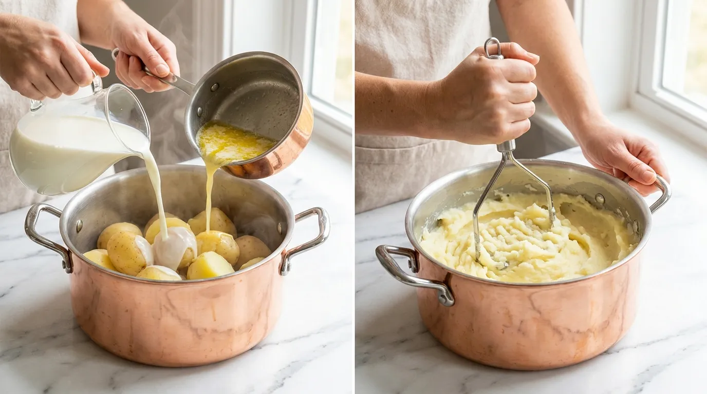 Hands pouring milk and butter, then mashing potatoes in a copper pot for a classic Shepherd's Pie Recipe.