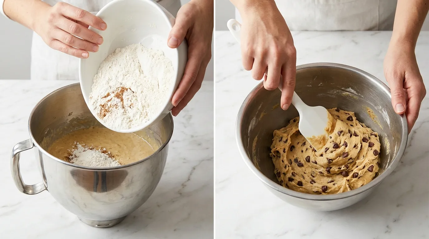 Side-by-side: hands pouring dry ingredients into a mixer and folding thick snickerdoodle cookie dough.