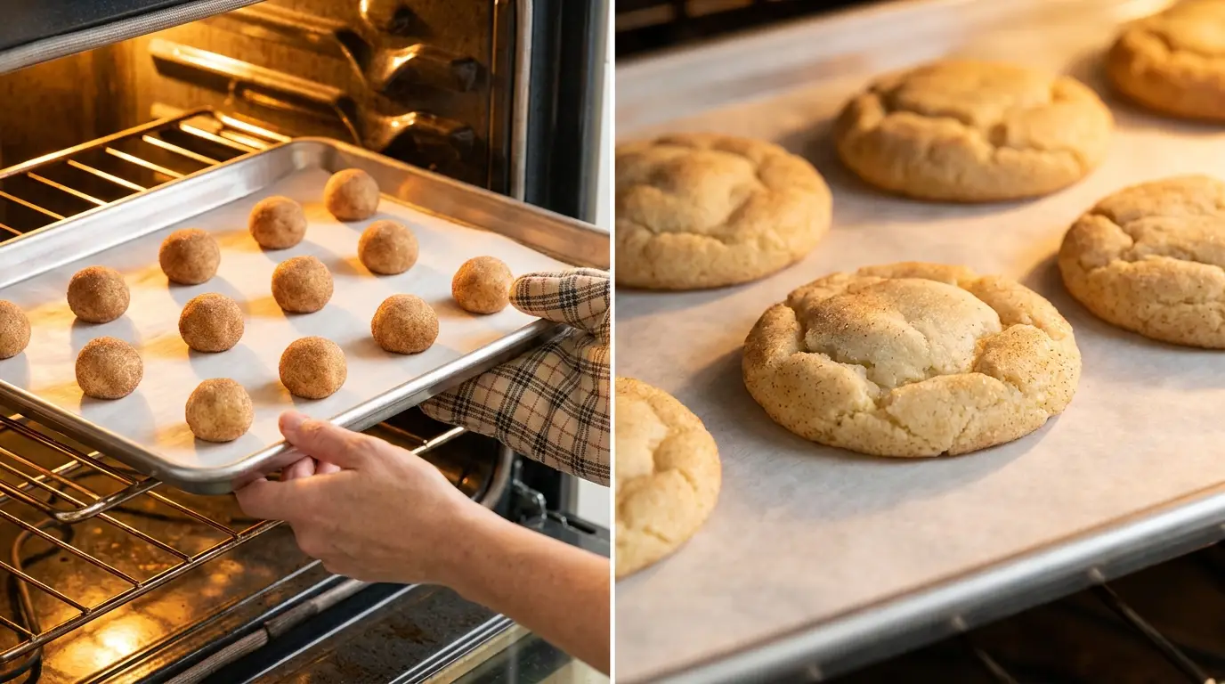 Snickerdoodle Cookie Recipe baking process: hands placing dough in a hot oven alongside puffed, golden baking cookies.