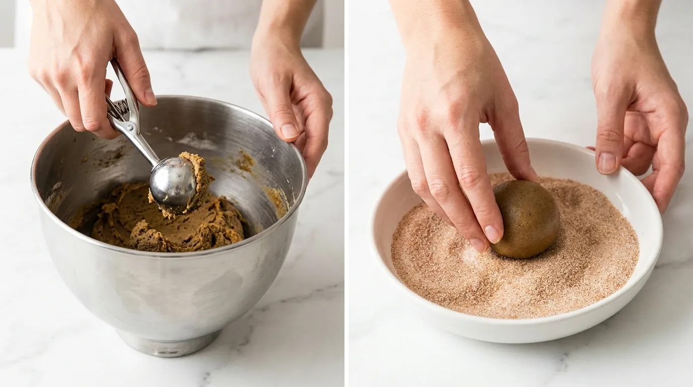 Side-by-side: Hands scooping snickerdoodle cookie dough from a mixer and rolling dough balls in cinnamon-sugar.