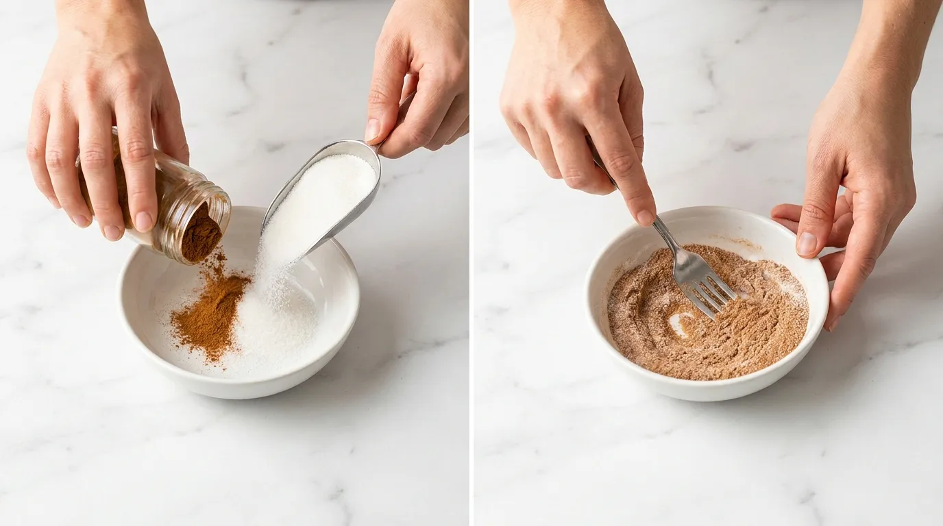 Hands mixing cinnamon and sugar in a white bowl for a Snickerdoodle Cookie Recipe on a bright marble countertop.