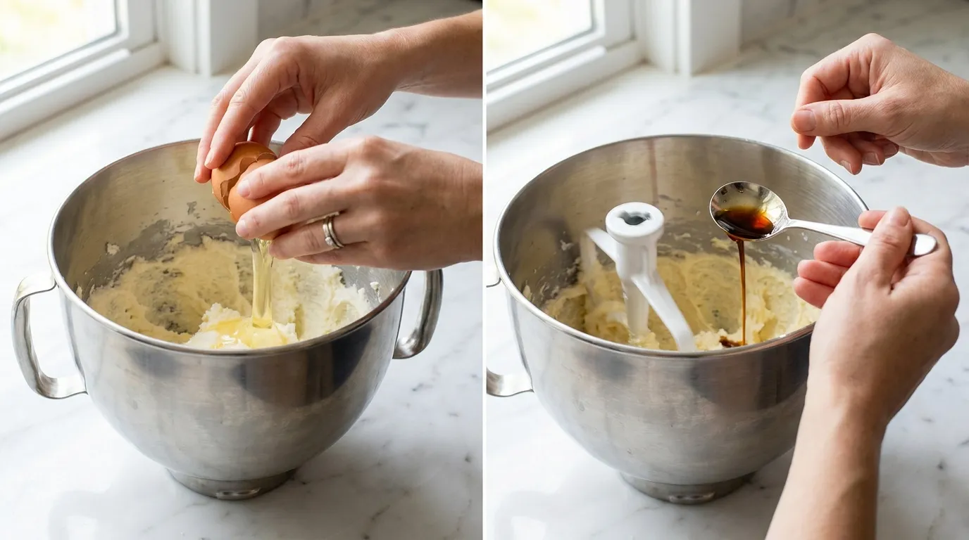 Snickerdoodle Cookie Recipe: Hands adding an egg and vanilla extract to a stand mixer bowl on a white marble countertop.