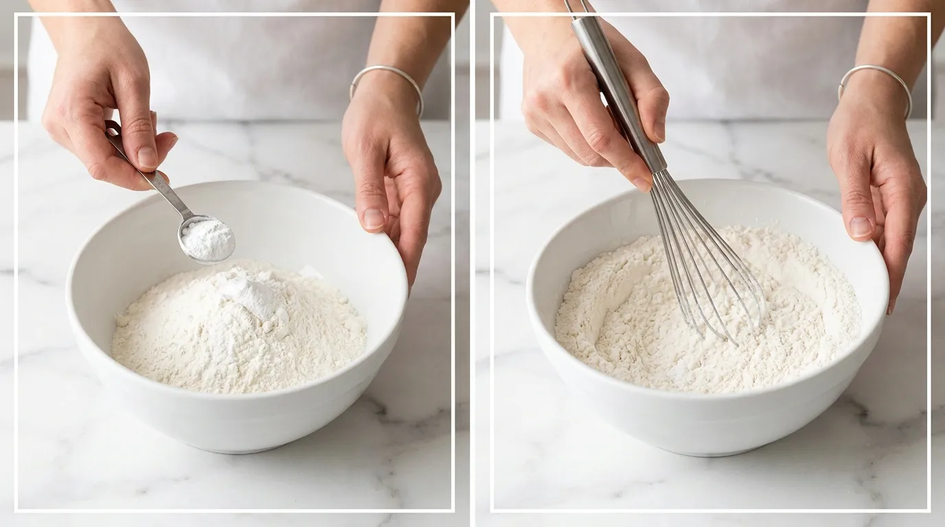 Hands whisking cream of tartar into flour for a homemade Snickerdoodle Cookie Recipe.