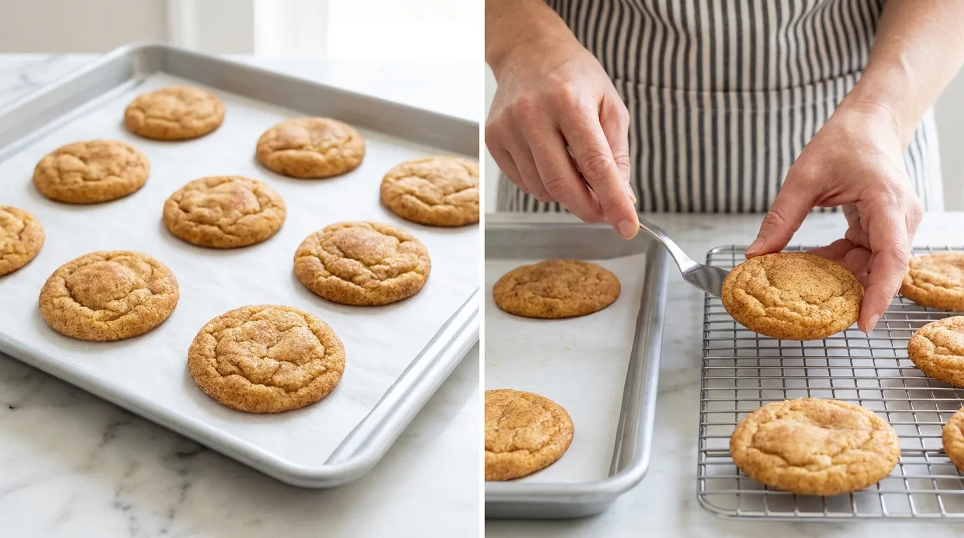 Snickerdoodle Cookie Recipe: freshly baked cookies on a baking sheet and hands moving a cookie to a wire cooling rack.