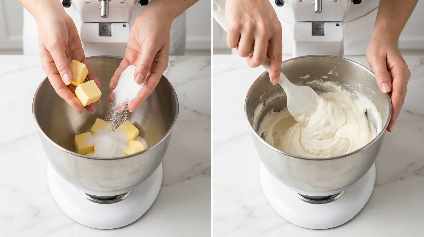 Hands creaming fluffy butter and sugar in a stand mixer bowl for a perfect Snickerdoodle Cookie Recipe.